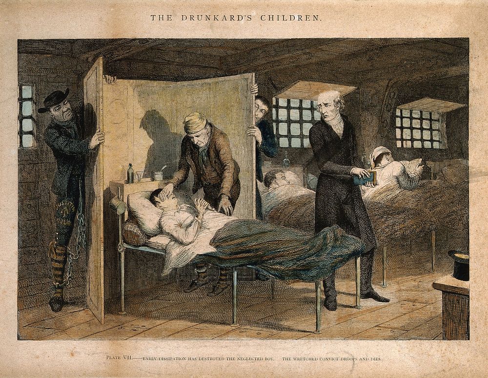 A prisoner lies dying in his bed, his life ruined by earlier frivolity. Coloured etching by G. Cruikshank, 1848, after…