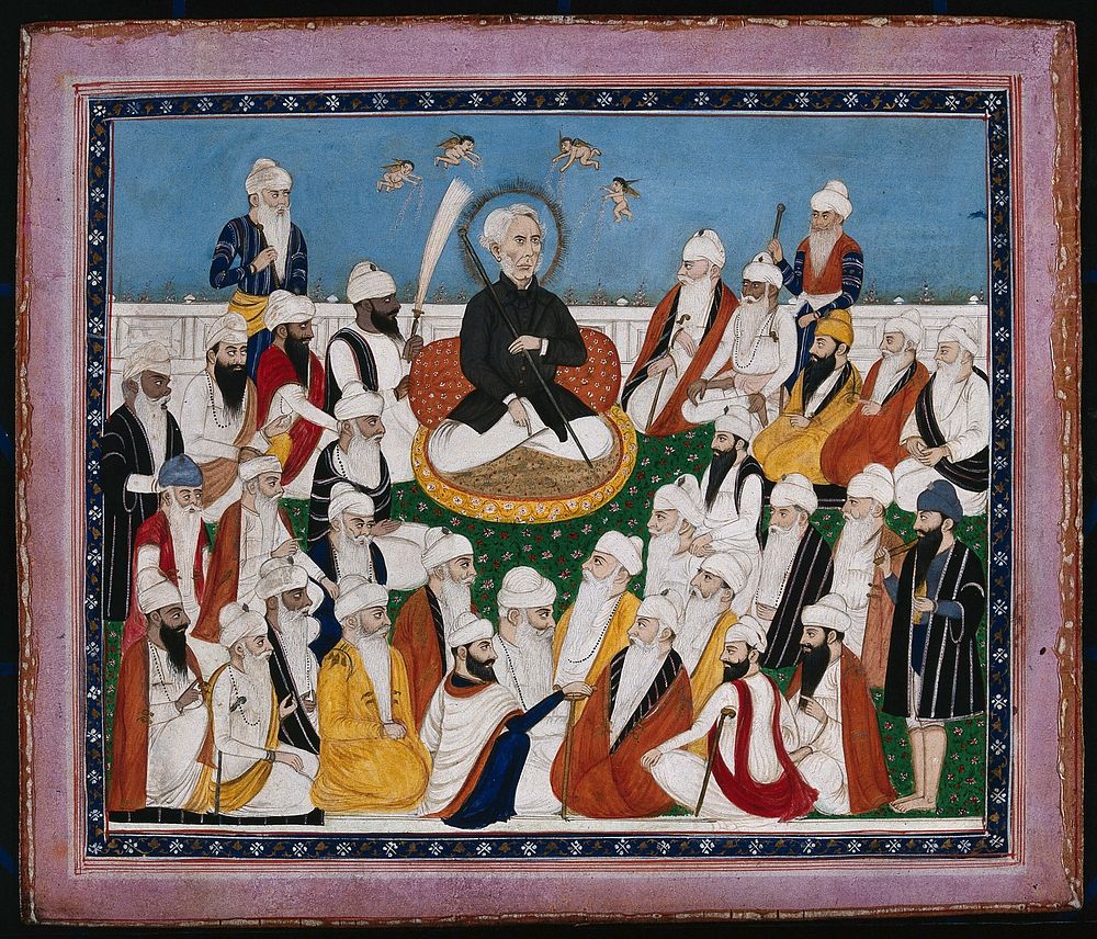 Sir Donald McLeod, Governor of the Punjab, receiving the respect of the Sikh elders. Gouache painting, ca. 1870.
