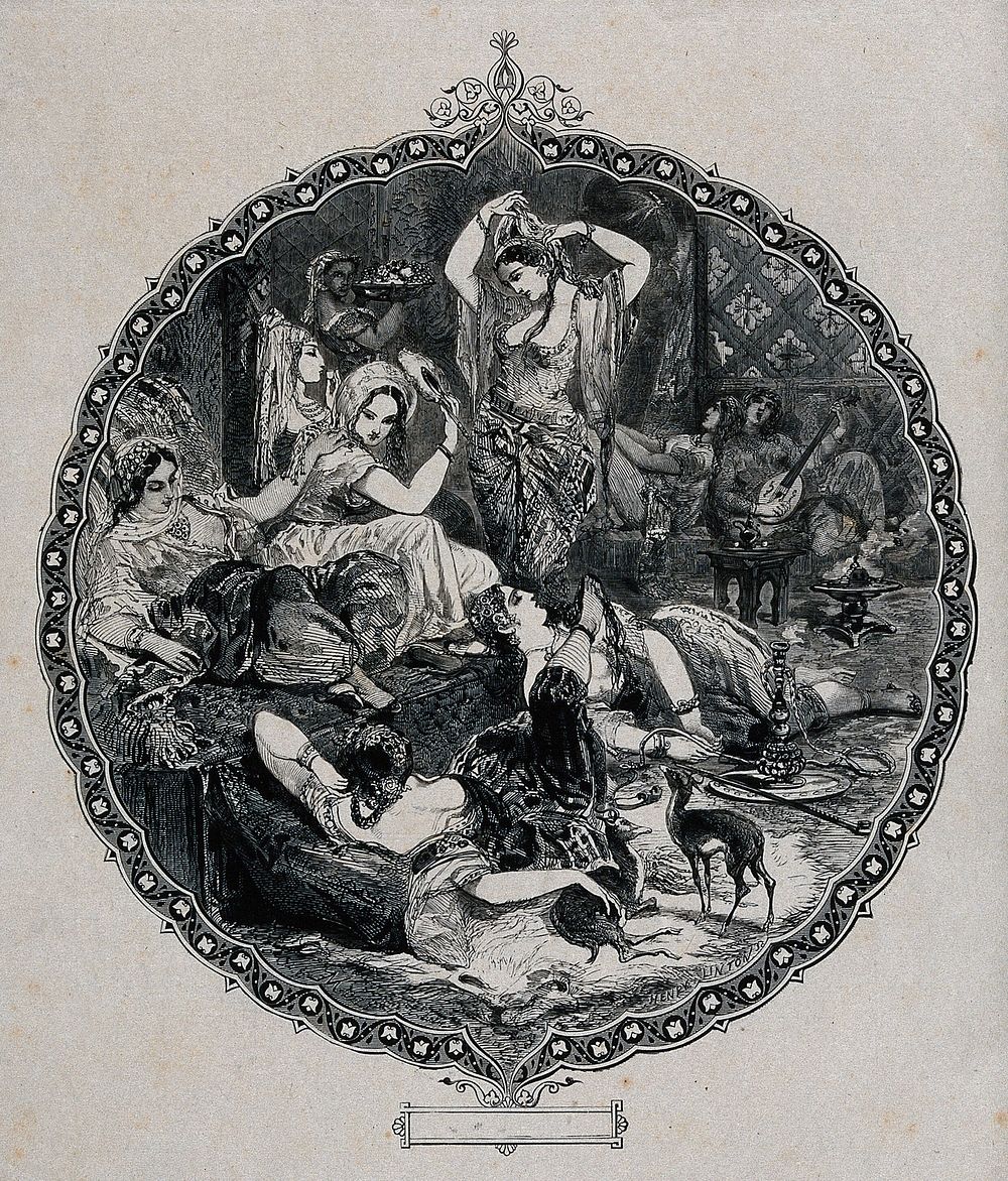 Women in a harem, smoking the hooka, brushing their hair, and playing the lute. Wood engraving by H. Linton after E. Morin.