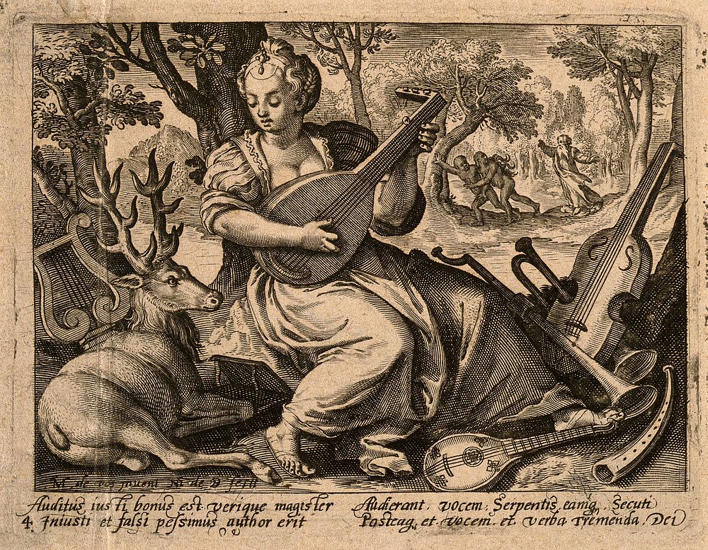 A woman plays music to a stag; God condemns Adam and Eve to exile; representing the sense of hearing. Engraving by N. de…