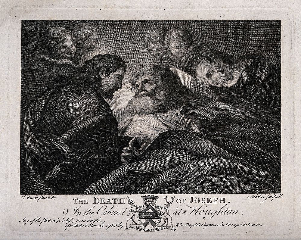 Joseph dies attended by Jesus and Mary. Engraving by J.B. Michel, 1780, after A. Cano.
