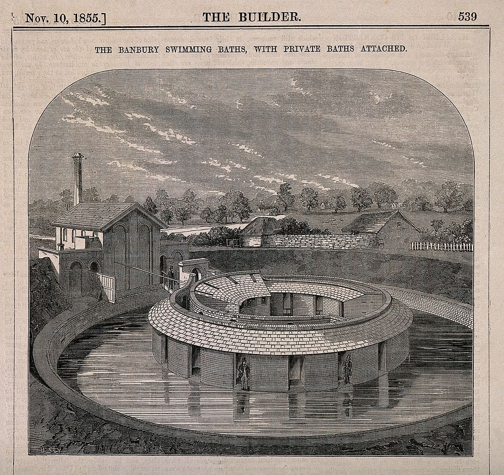 Bird's-eye view of Banbury swimming baths, private baths with a ground plan and key. Wood engraving after B. Sly, 1855.