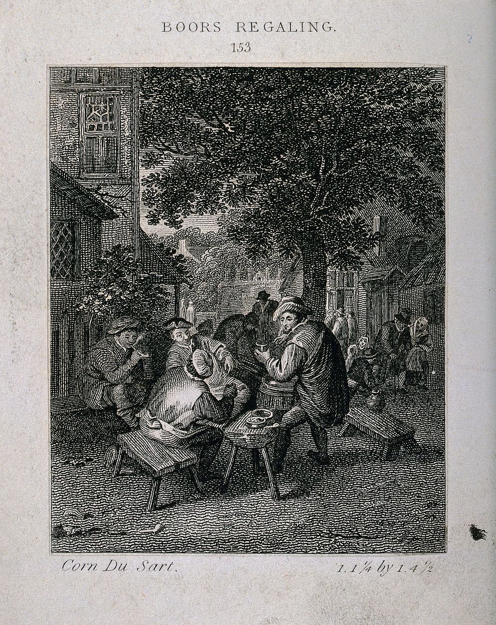 Four men smoking and drinking round a table outside a country tavern. Etching by J. Taylor , c. 1800, after C. Dusart.