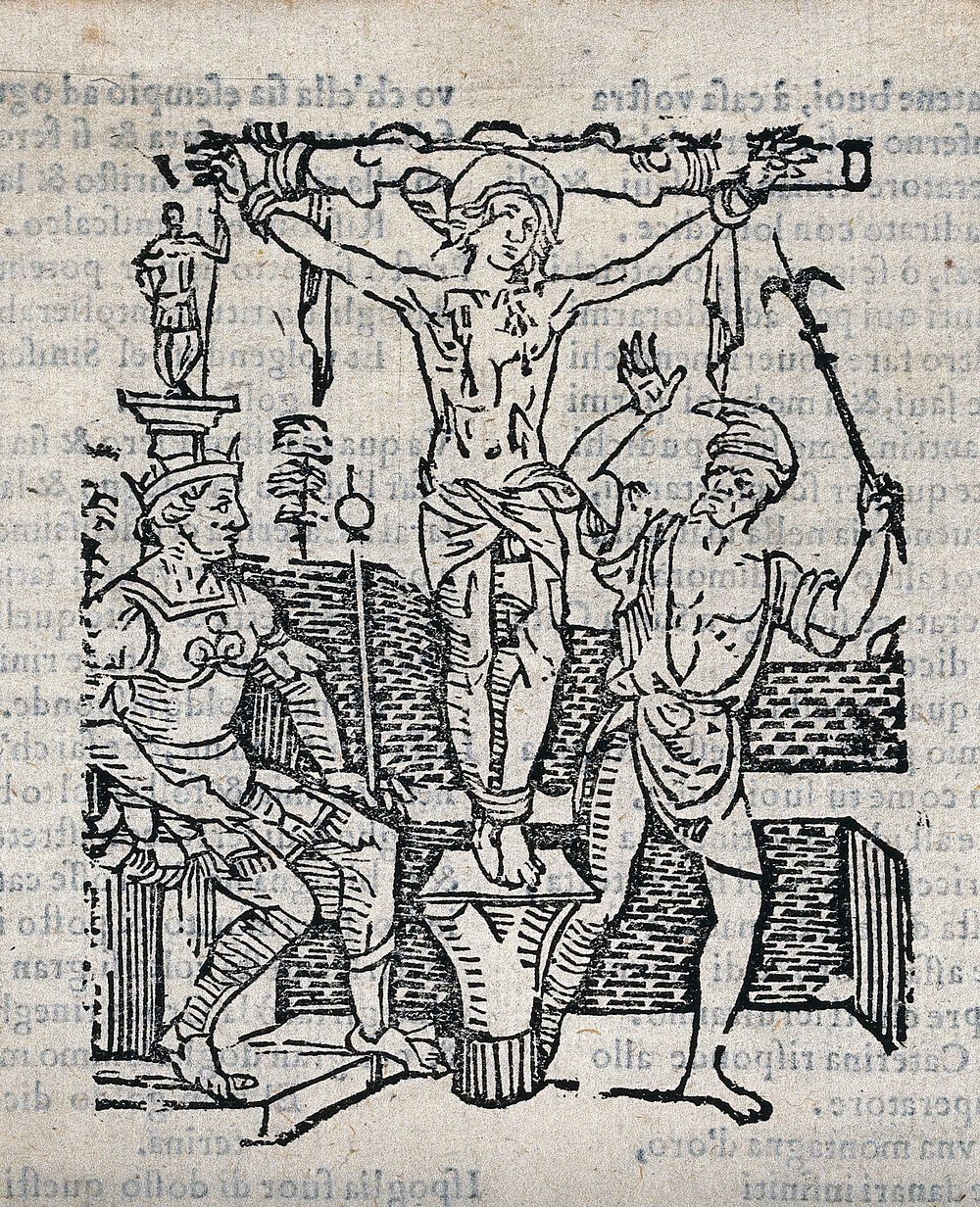 The crucifixion of a saint. Woodcut.
