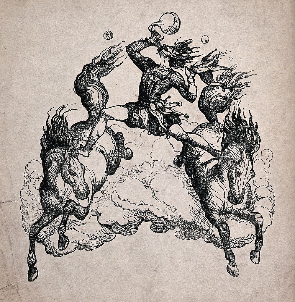 A man riding astride two galloping horses blows bubbles from a pipe. Line block process print.