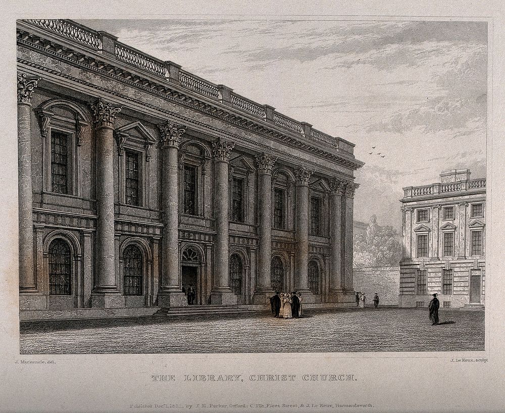 Christ Church, Oxford: library. Line engraving by J. Le Keux, 1832, after J. Mackenzie.