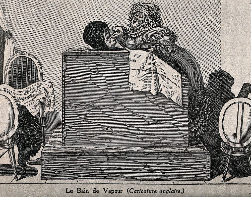 An elaborately dressed woman pampers a man in a vapour-bath. Wood engraving after G. de Cari.