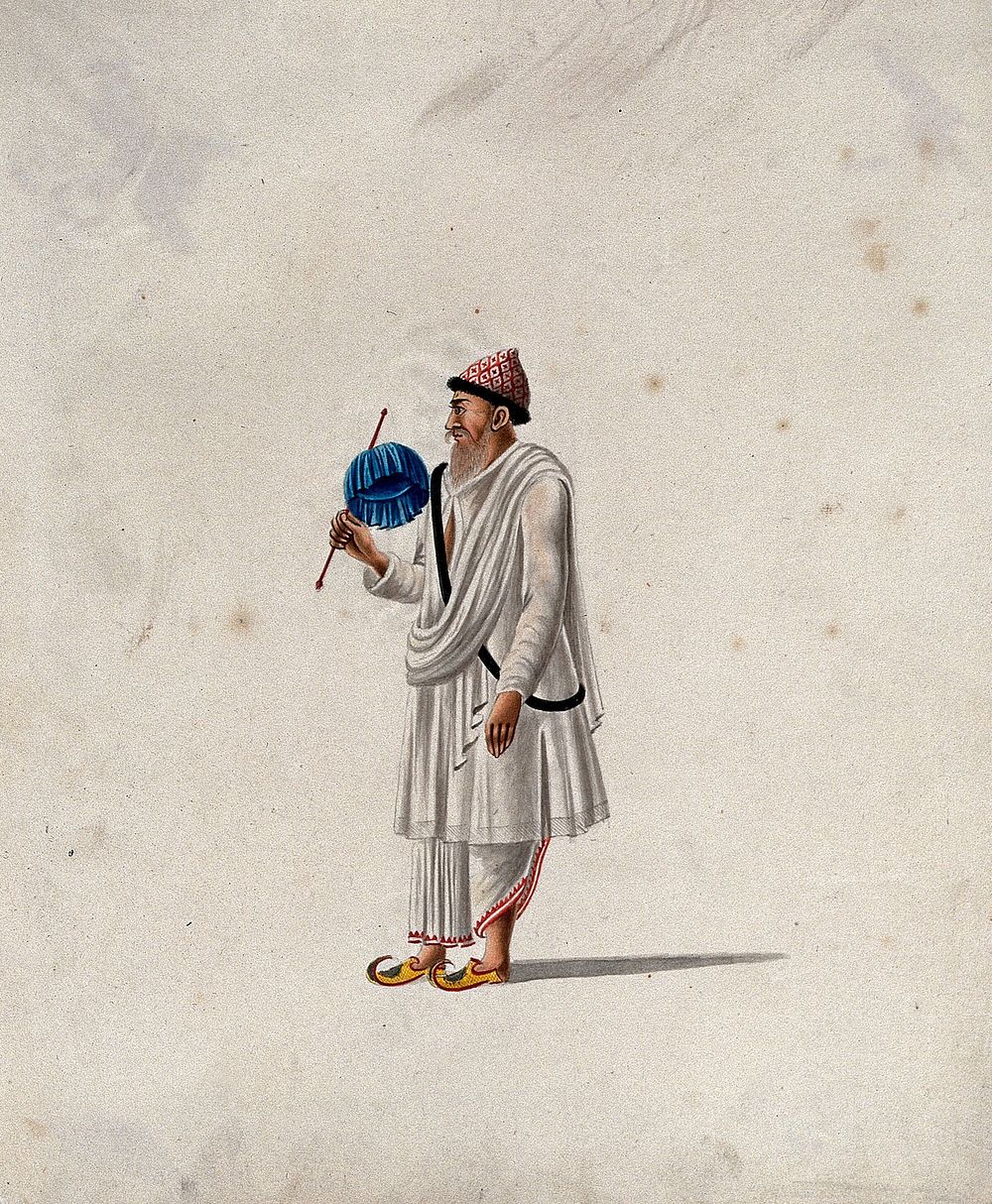 A man carrying a small canopy, attached to a pole. Gouache painting by an Indian artist.