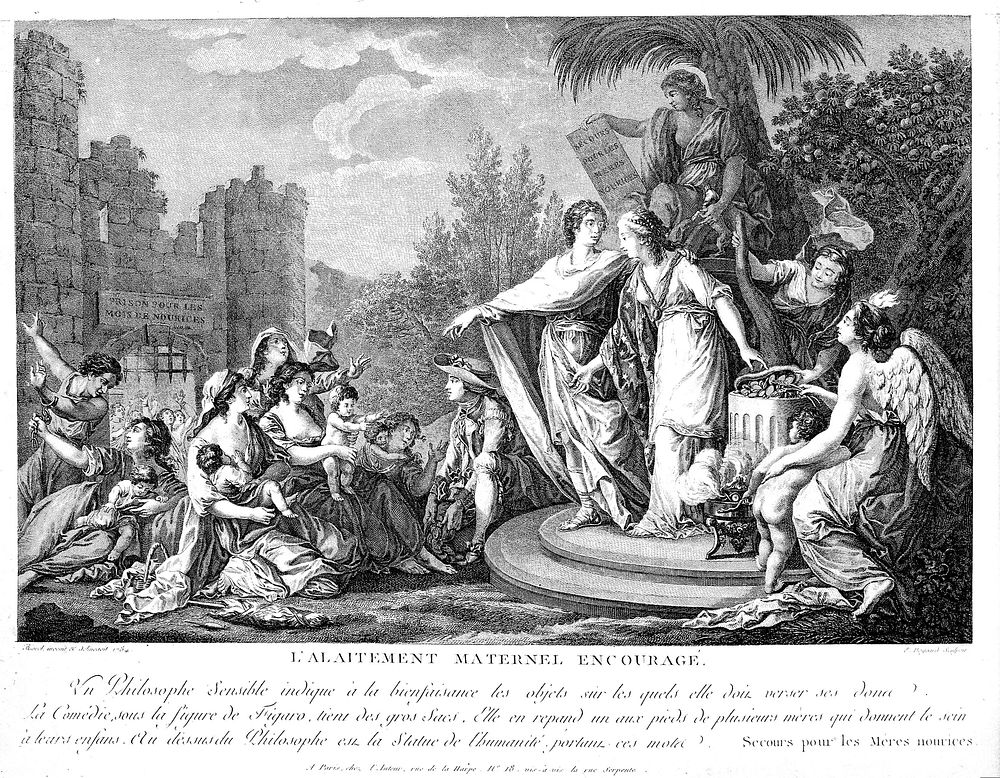 The mothers, and the children they are feeding and looking after, are being given help and assistance. Engraving by E…