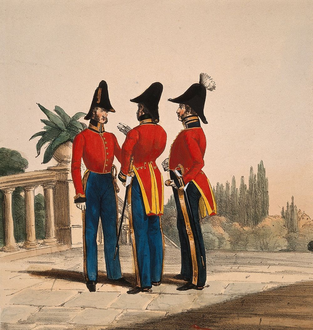 Three uniformed German army officers conversing on a balcony in Holstein. Coloured lithograph, c.1870.
