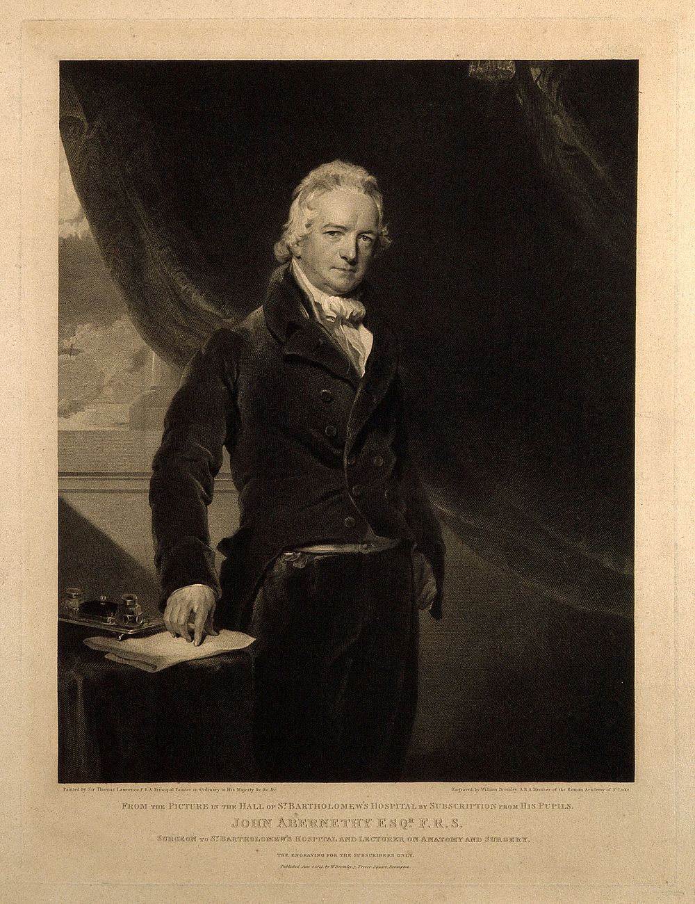 John Abernethy. Line engraving by W. Bromley, 1827, after Sir T. Lawrence.