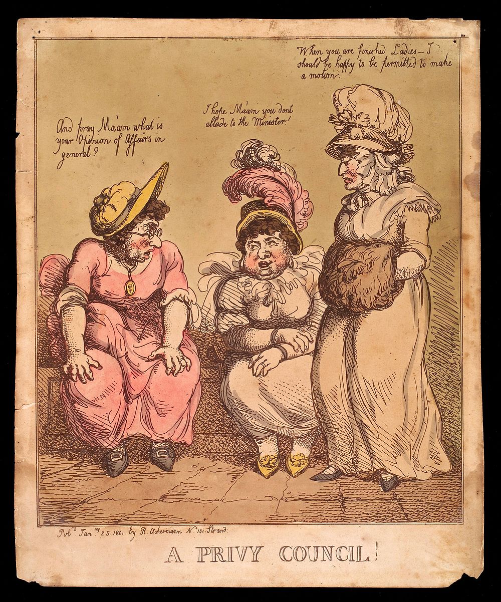 Three women having a discussion in a latrine. Coloured etching, 1801.