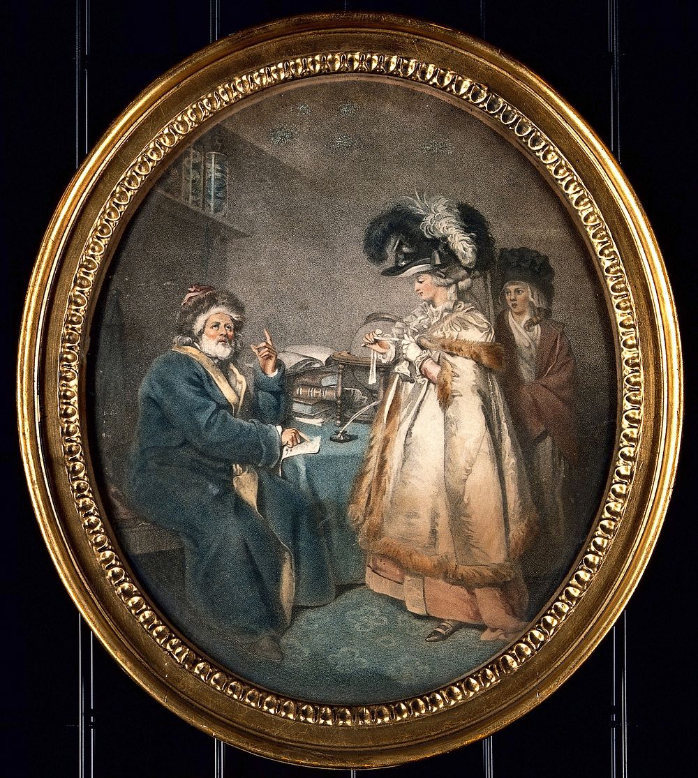 A man telling a lady's horoscope. Colour stipple engraving by J.P. Simon, 1786, after J.R. Smith.