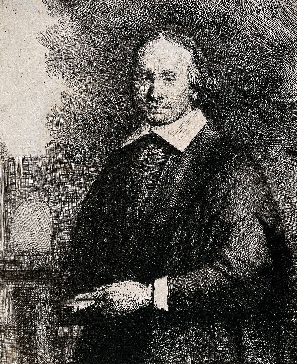 Jan Antonides van der Linden, professor of medicine, holding a book. Etching by Rembrandt, ca. 1665.