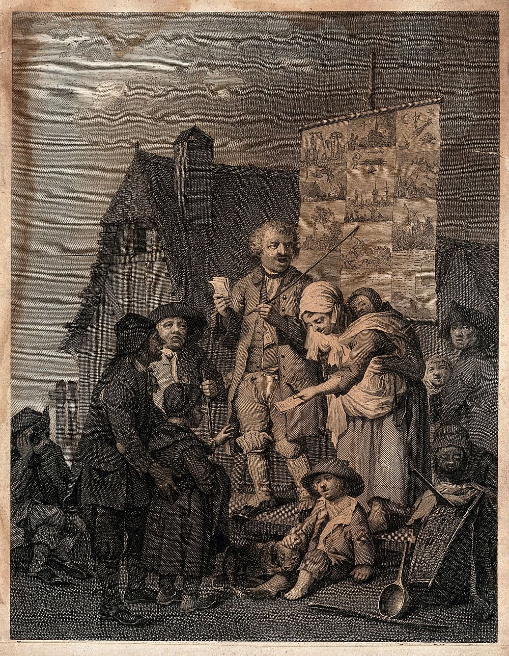 A man narrating his experiences in public, while his wife hands out leaflets. Etching.