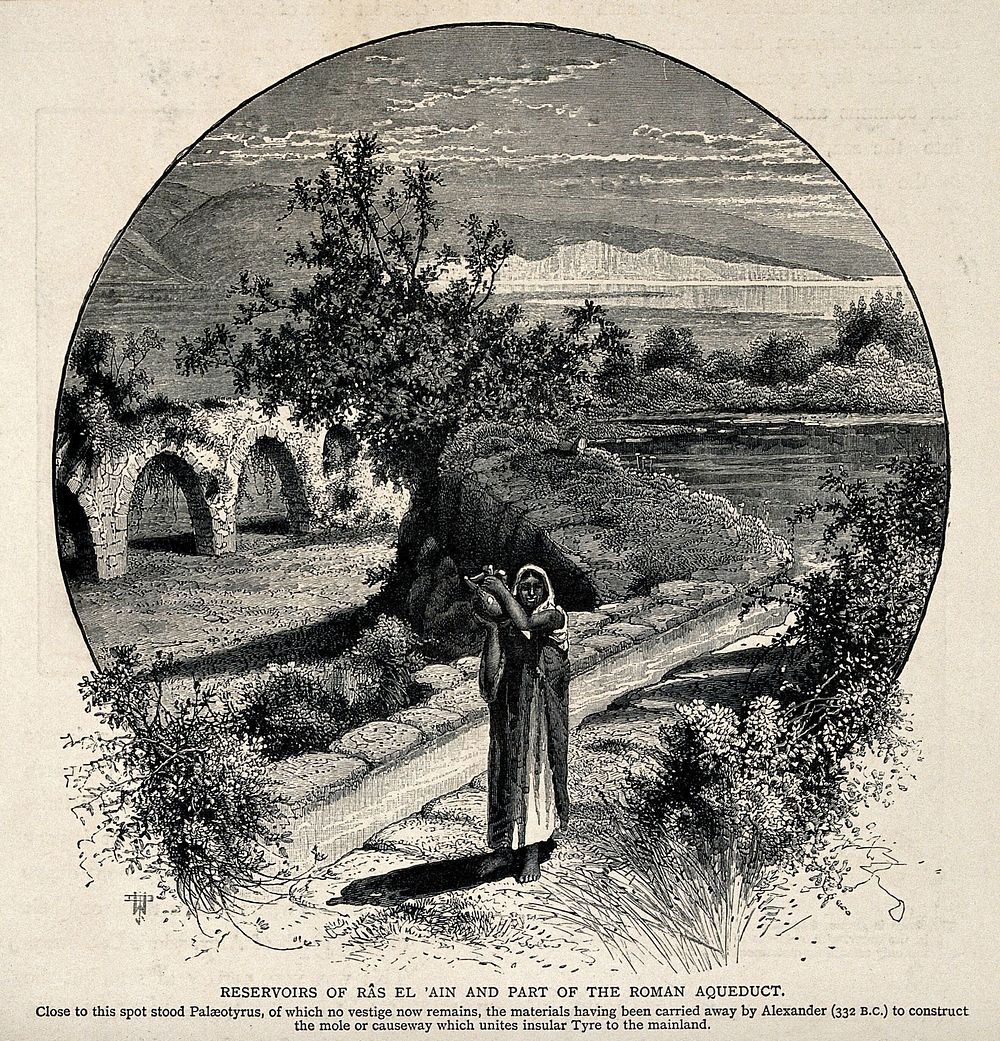 A woman standing in front of the reservoirs of Ras El 'Ain and part of a Roman aqueduct. Wood engraving.