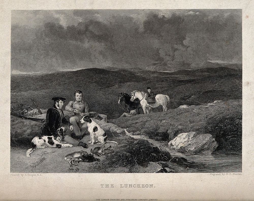 Two huntsmen and their dogs having a rest amidst their prey near a stream in the countryside. Engraving by H. C. Shenton…