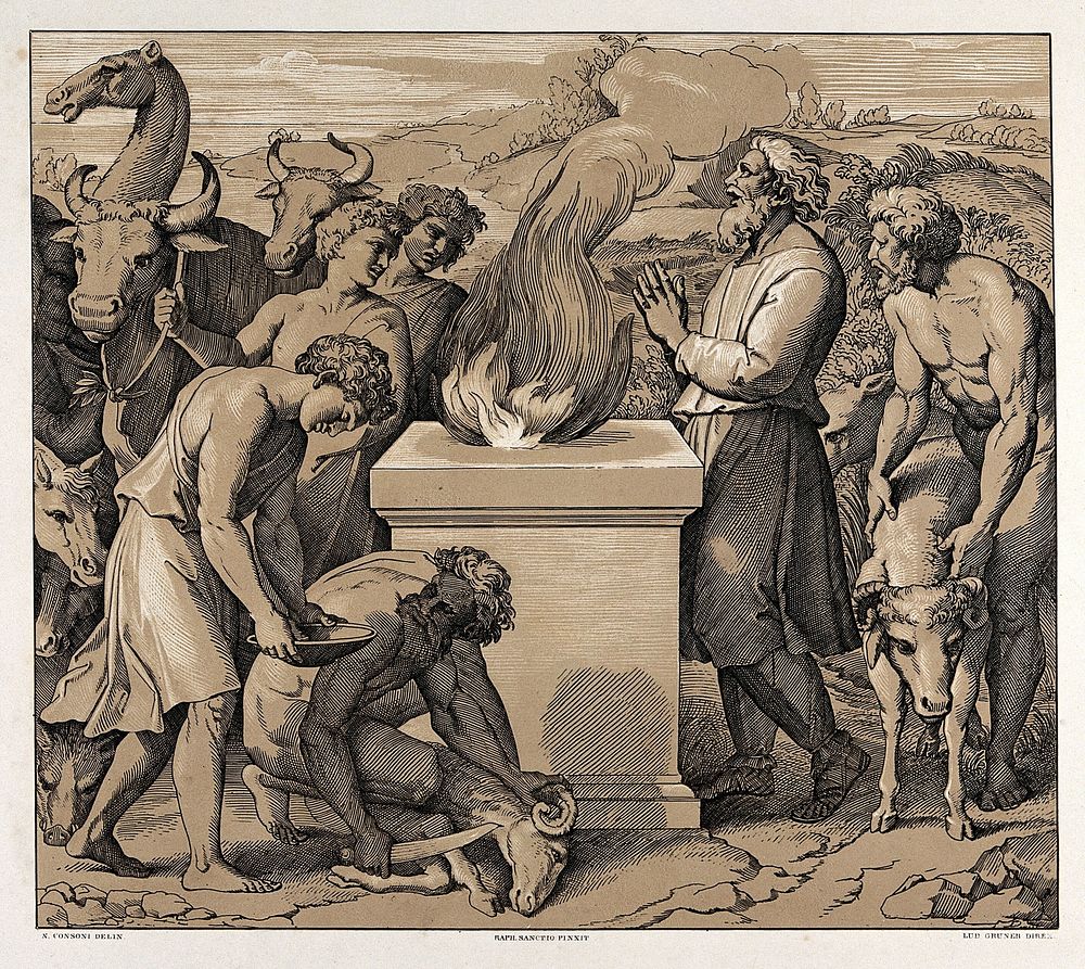 Noah burning offerings on an altar after the end of the deluge. Colour lithograph by L. Gruner after N. Consoni after…