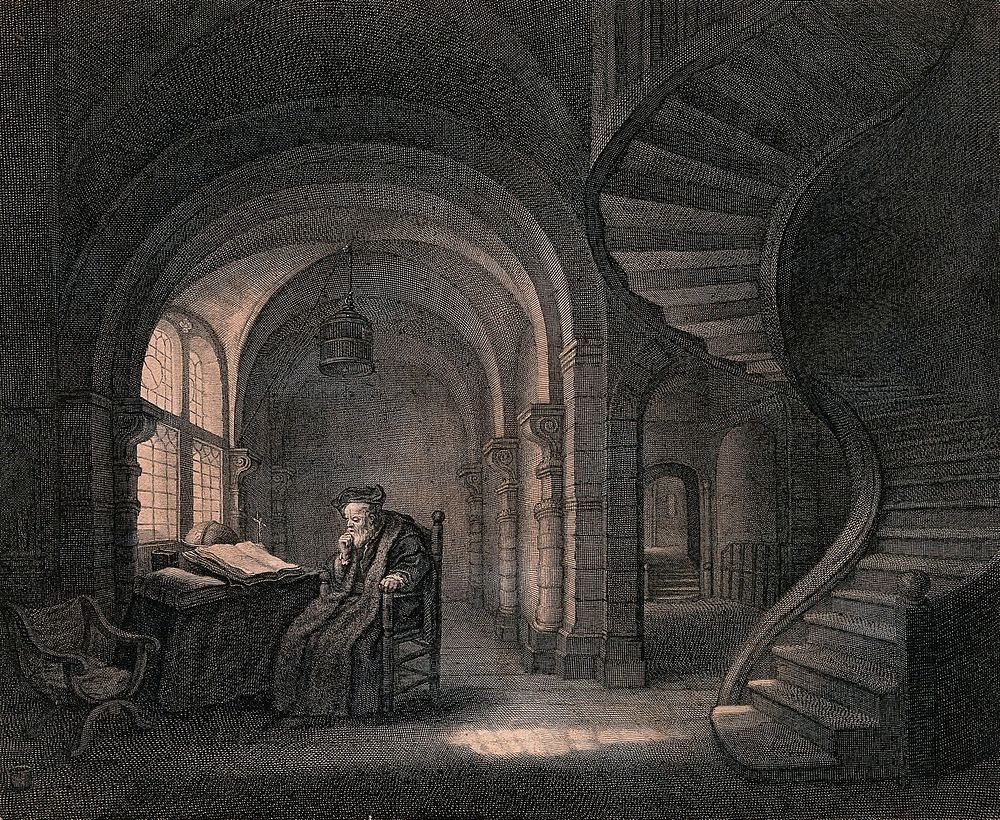 A philosopher seated at a table covered with large folio volumes and a globe; right, a winding staircase. Etching by L.…