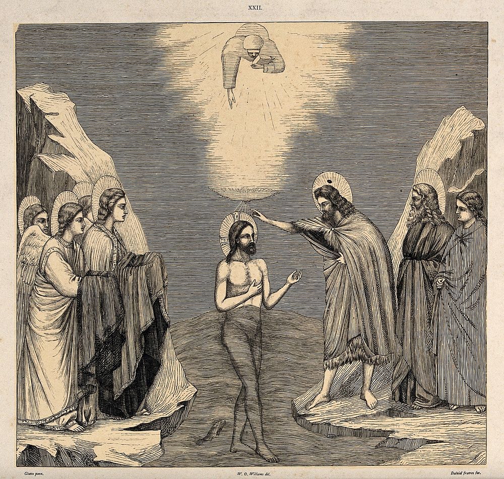 Saint John the Baptist baptises Christ; an angel with a book descends from above. Wood engraving by the Dalziel brothers…