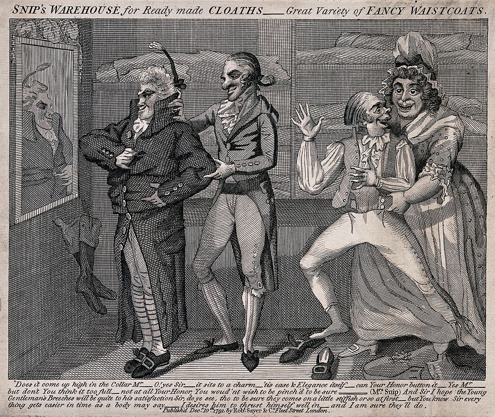 A tailor and his wife are assisting two men into suits of clothing, although the clothes are ill-fitting. Etching.