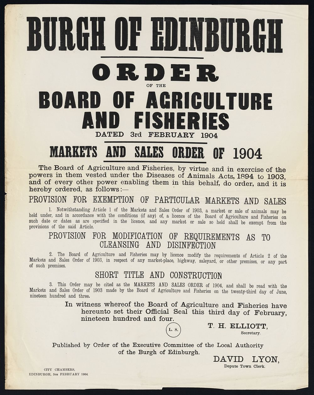Order of the Board of Agriculture and Fisheries dated 3rd February 1904 : market and sales order of 1904 / T.H. Elliott…