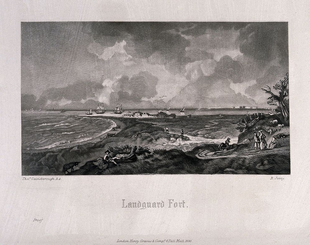 Landguard Fort; ships in the background, men in the foreground. Mezzotint by R. Josey after T. Gainsborough, 1880.