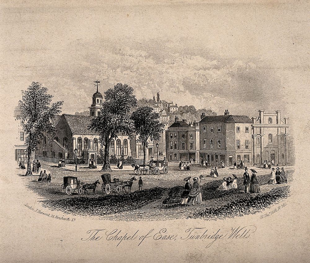 Chapel of Ease, Tunbridge Wells, Kent: panoramic view from the main square. Etching, 1854.