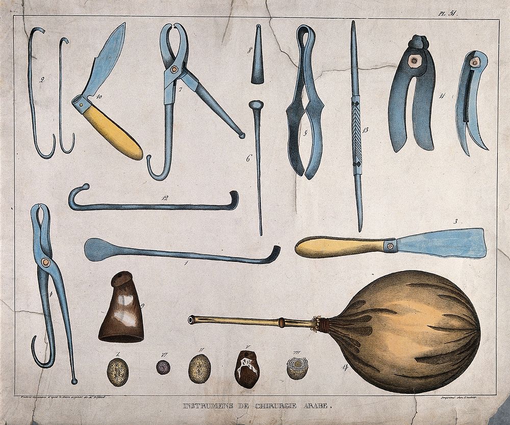 Arabic surgical instruments: nineteen figures. Coloured lithograph by F. Cazenave after J.J. Rifaud, ca. 1830.
