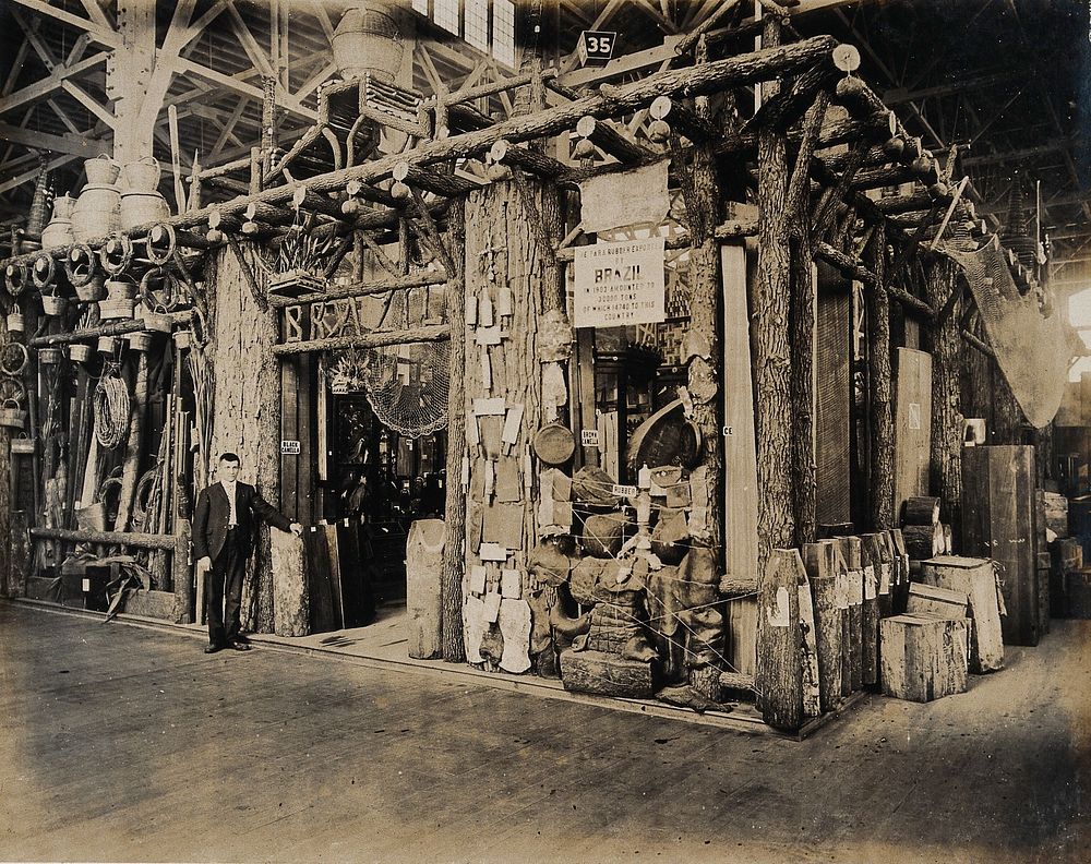The 1904 World's Fair, St. Louis, Missouri: a Brazilian exhibit on forestry featuring a shelter made of logs. Photograph…