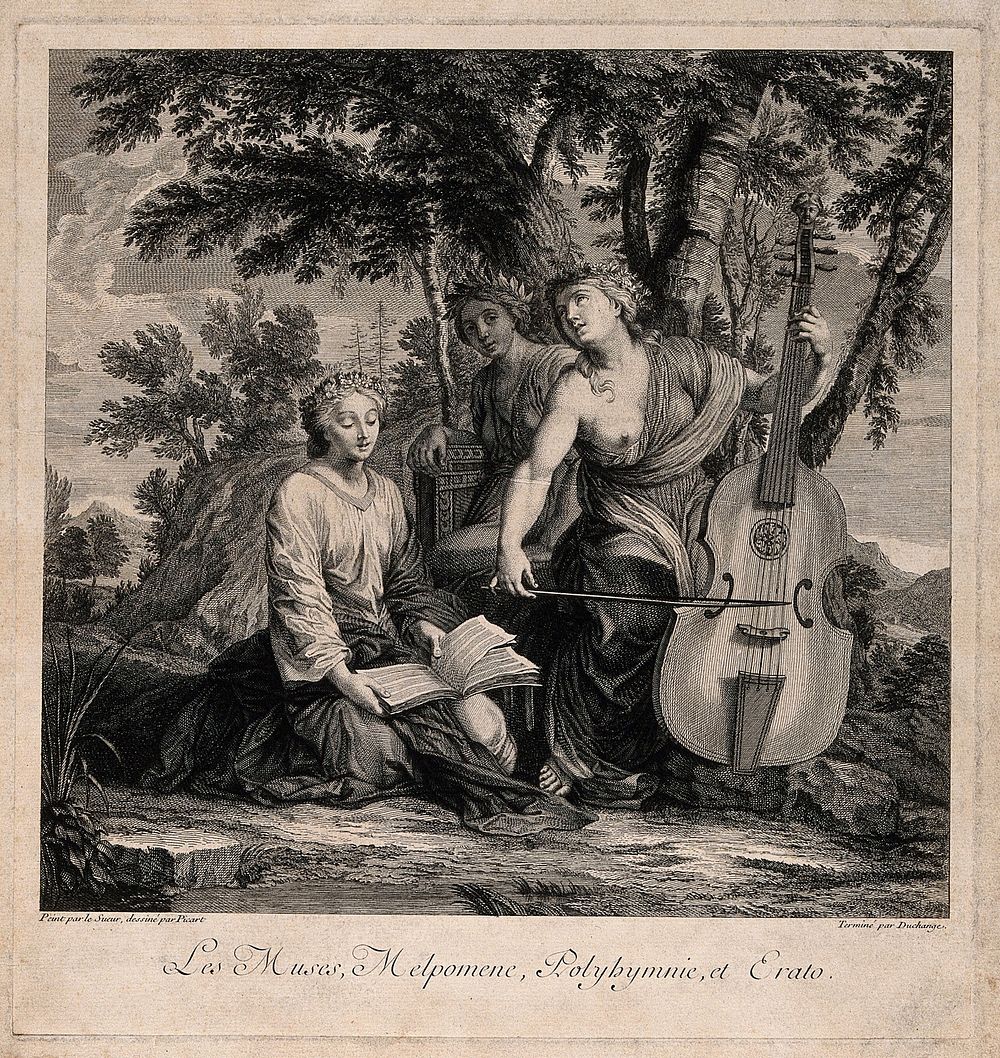 Melpomene, Polyhymnia and Erato. Etching by G. Duchange after B. Picart after E. Le Sueur.