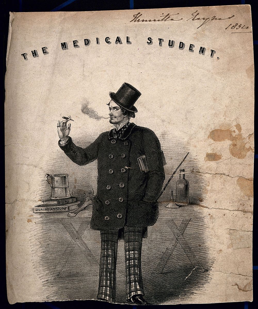 A foppish medical student smoking a cigarette, a tankard is on top of his medical books; denoting a cavalier attitude.…