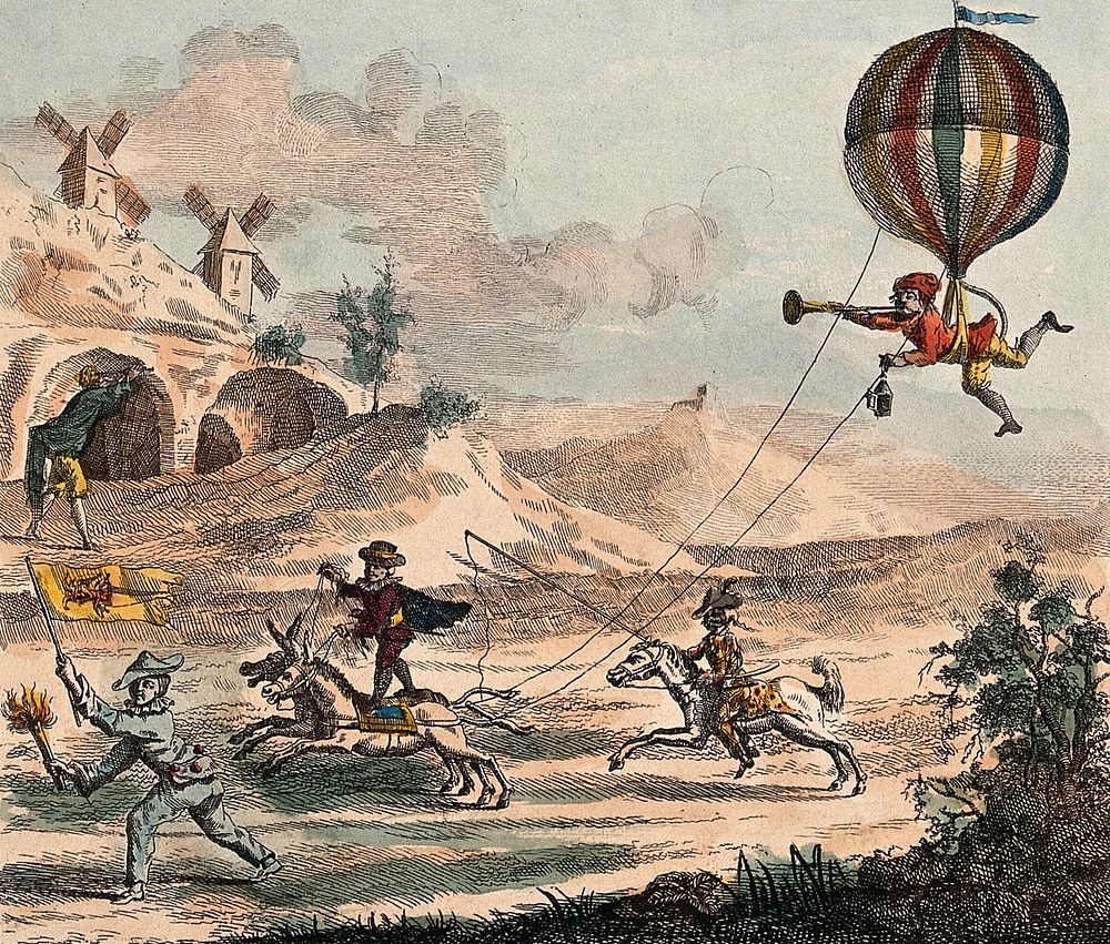 Commedia dell'arte characters are raising a balloon by having it pulled by horses. Coloured etching, ca. 1785.
