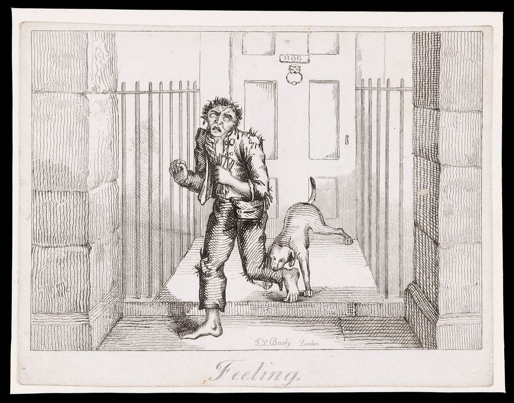 A man in ragged clothes being bitten by a guard dog at the entrance to a town house; representing the sense of touch.…