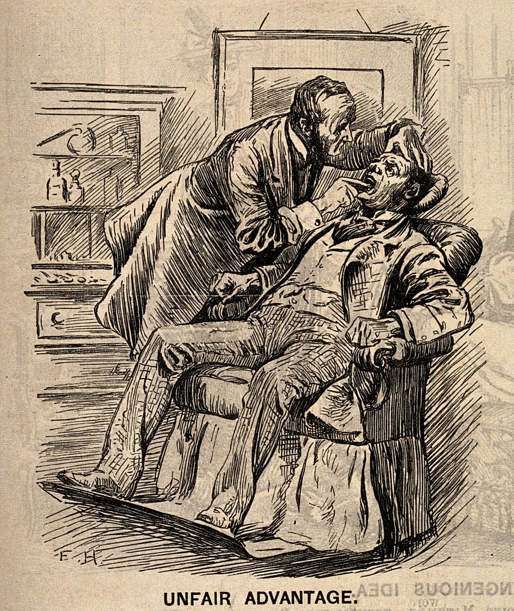 A Liberal dentist discussing politics and the merits of Gladstone to his patient (a Tory) while the latter is prevented from…