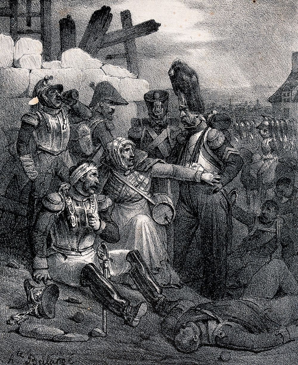 A woman shields a wounded man on a battle field from the soldiers around him. Lithograph by Joseph Louis-Hippolyte Bellangé.