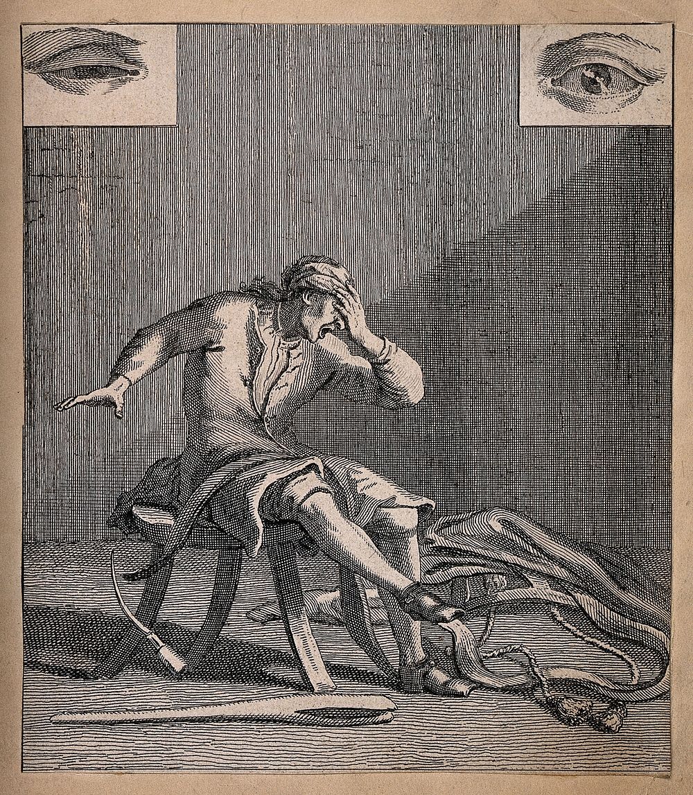 A man in a workshop with a hand over his eyes in anguish while dropping a sharp tool with the other hand; two details of…
