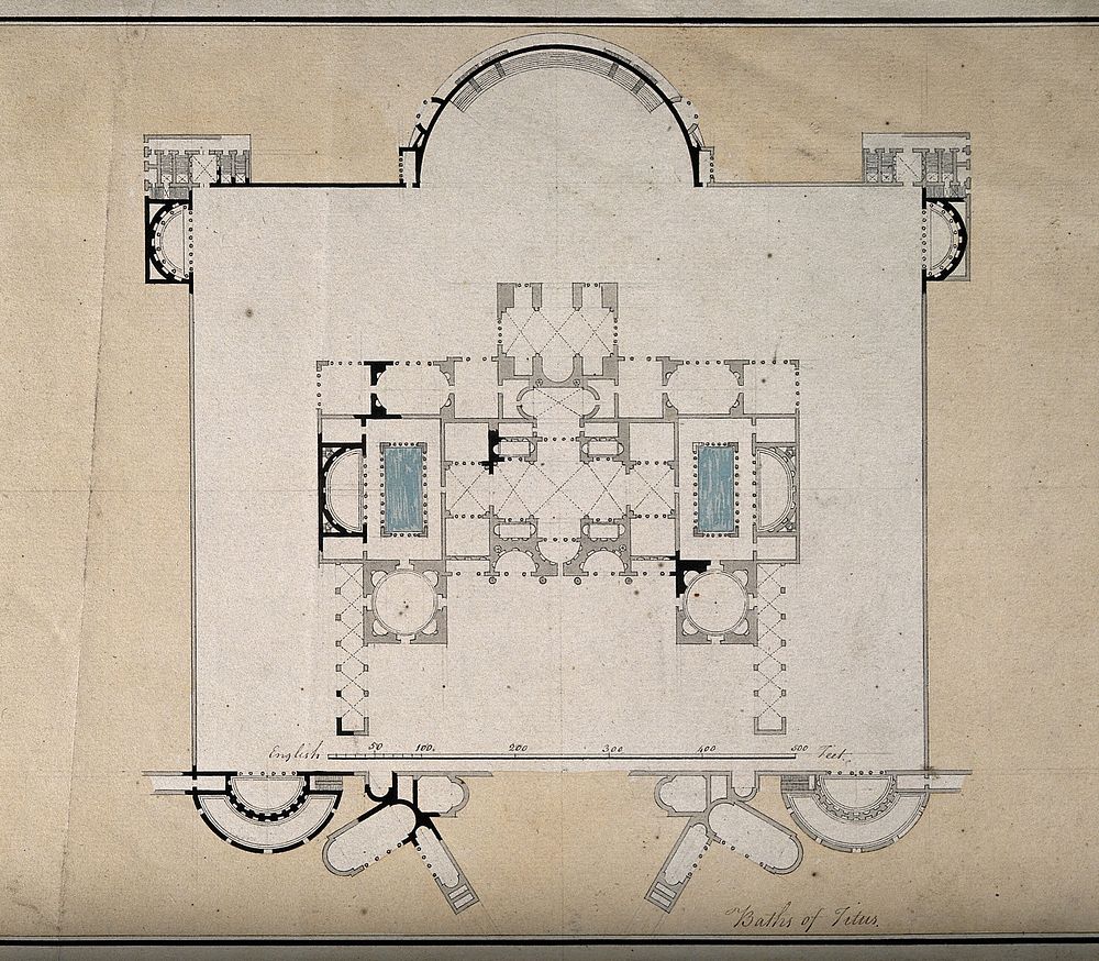 Baths of Titus, Rome: floor plan. Coloured pen and ink drawing.