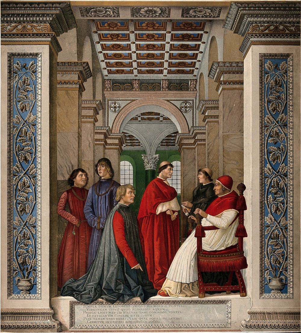 The inauguration of the Vatican Library by Pope Sixtus IV: Platina (kneeling) is appointed librarian. Chromolithograph after…