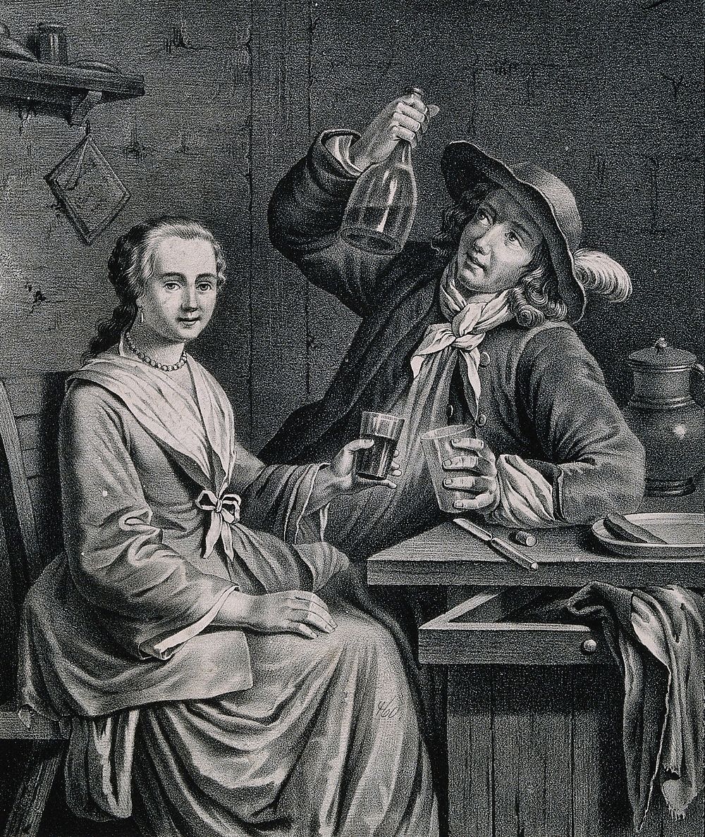 A woman and man sit at a table drinking as the man raises the bottle in his right hand. Lithograph, 19th century.