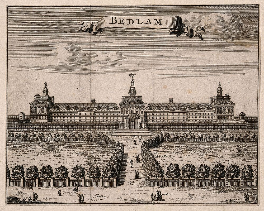 The Hospital of Bethlem [Bedlam] at Moorfields, London: seen from the north, with people walking in the foreground.…