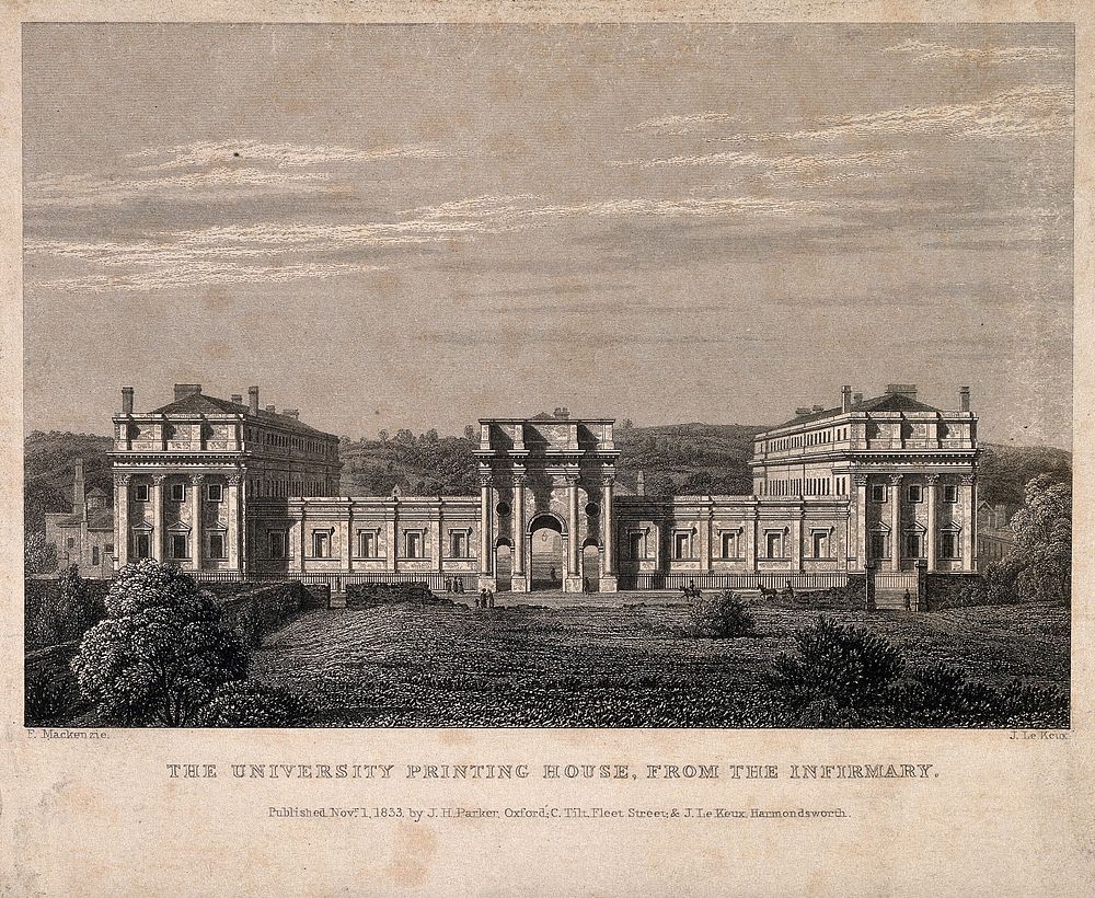 Clarendon Building, Oxford: also showing Broad Street. Line engraving by J. Le Keux, 1833, after F. Mackenzie.