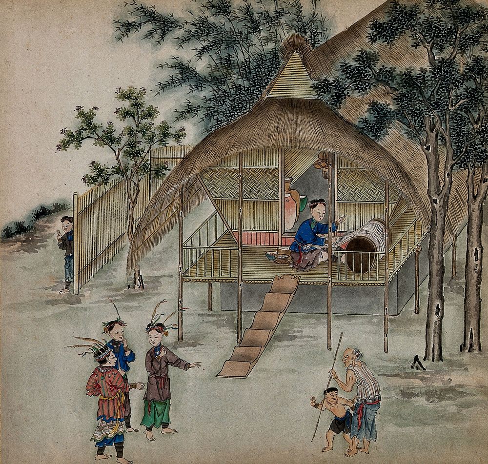 Figures from Formosa wearing traditional rural attire have a conversation in front of a thatched bamboo cottage on stilts;…