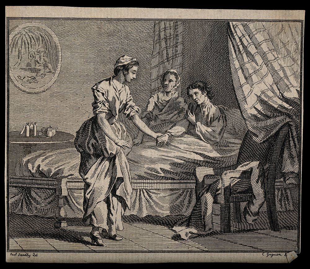 A young woman takes the hand of a sick man, while an older woman listens. Line engraving by C. Grignion after P. Sandby.