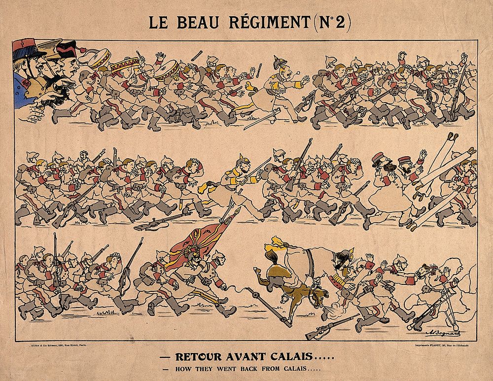 World War I: the German army in retreat from the Pas-de-Calais . Colour lithograph by A.L. Bognard.