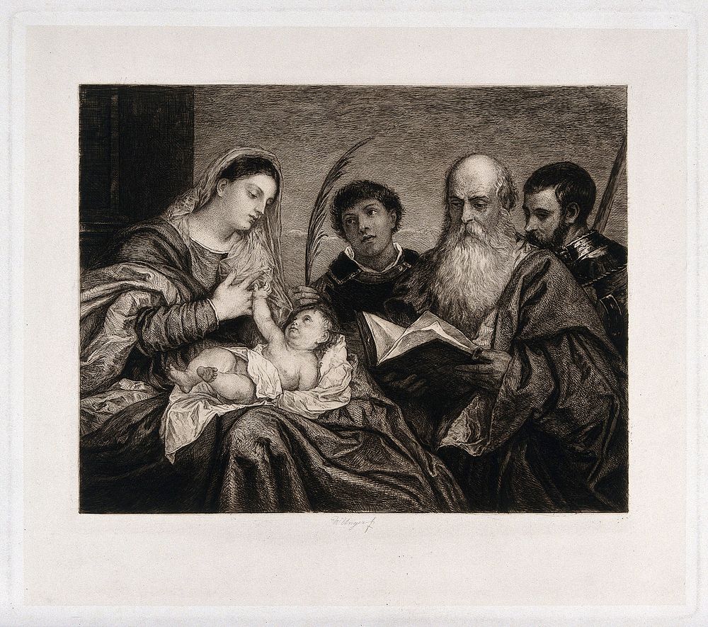 Saint Mary (the Blessed Virgin) with the Christ Child, Saint Jerome, Saint Stephen and Saint Maurice. Etching by W. Unger…