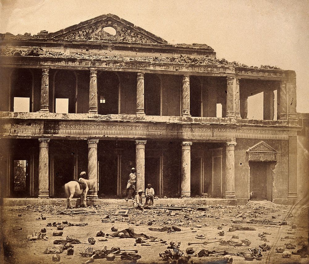Lucknow, India: the Secundra Bagh interior showing damage done during the Indian Rebellion; skeletons of murdered Indian…