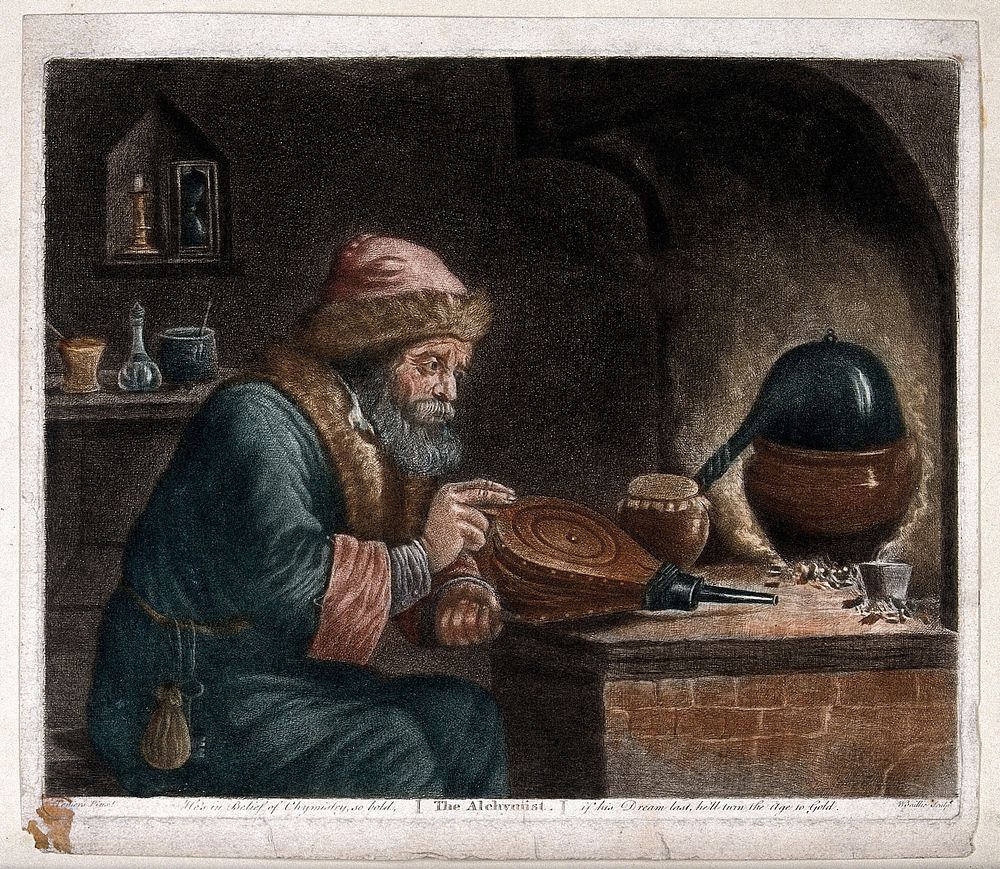 An alchemist at his furnace, hunched over bellows. Colour etching by W. Baillie, 1792, after D. Teniers the younger.