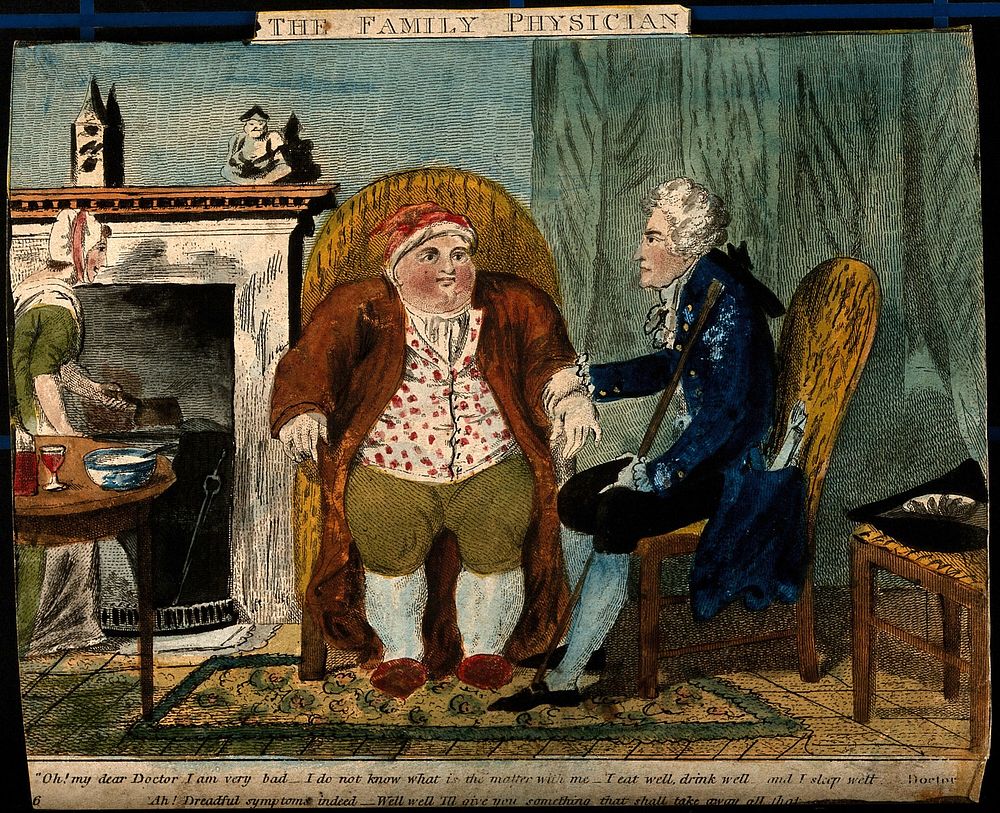 An obese man consulting a doctor. Coloured etching.