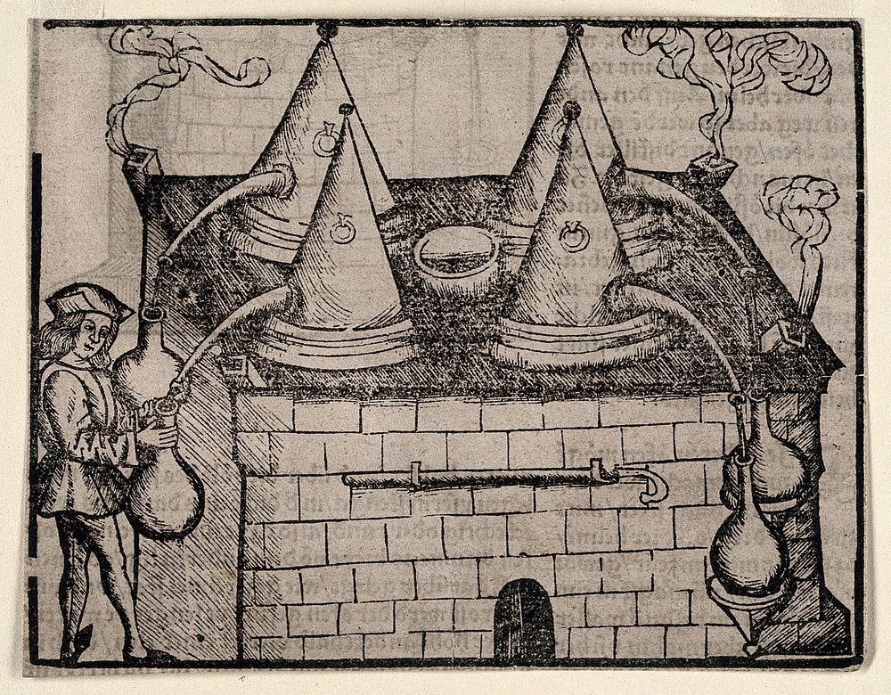 An apothecary drawing a distillate from one of four stills heated by a single oven. Woodcut.
